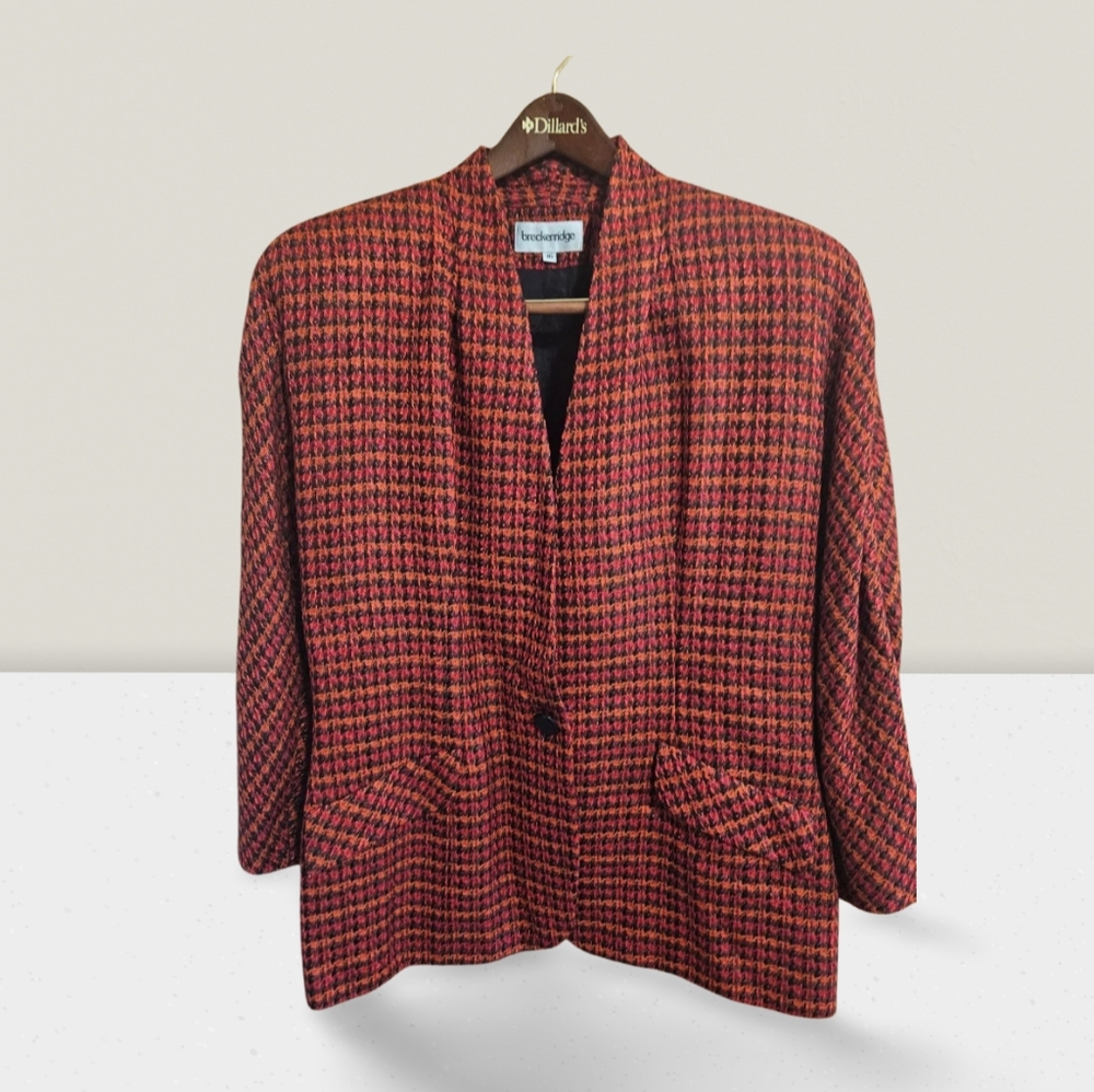 Vintage Breckenridge Blazer Womens Size 16 Union Made Red Orange Houndstooth